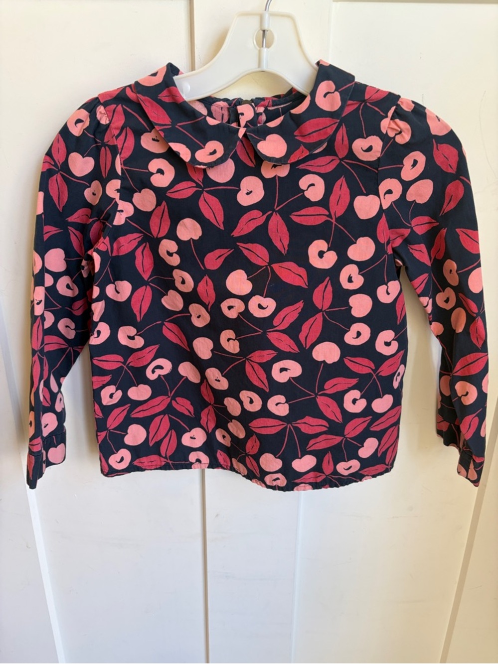 Bonpoint Signature Cherry Navy 100 % Cotton Blouse Pink Red  Back Zip Detail